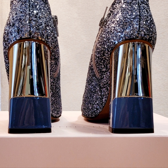 L'Autre Chose Sequin Glitter Ankle Boots, Mirror Chrome Two Toned Stacked  Heels - Picture 14 of 17
